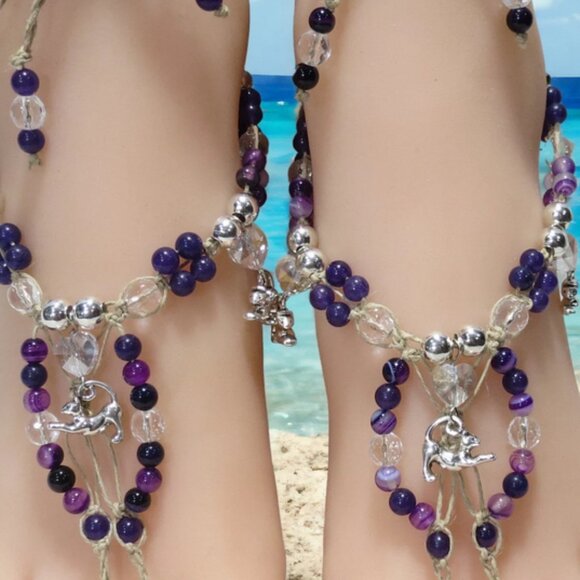 NEW Silver Cats & Purple Gemstone Barefoot Sandals. Belly dance foot jewelry. - Picture 4 of 6